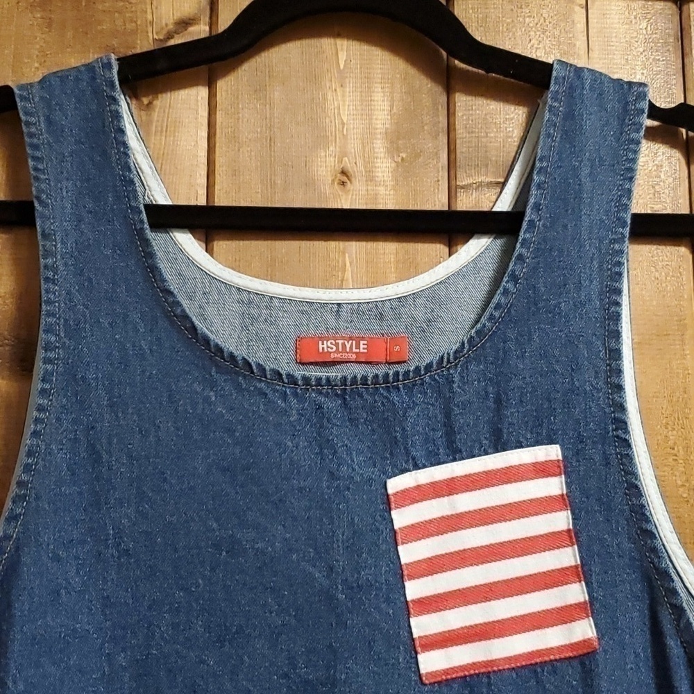 HSTYLE Korean Denim Side Snap Embroidered Patches Mini Dress Size Small - Picture 2 of 13